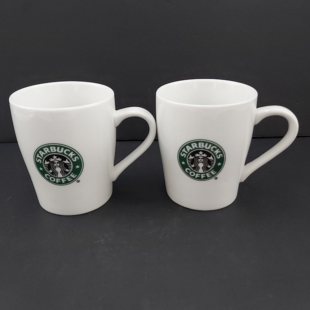 Starbucks Coffee Cup Mermaid Logo 8oz Ceramic Mug 2007 White and Green Set of 2